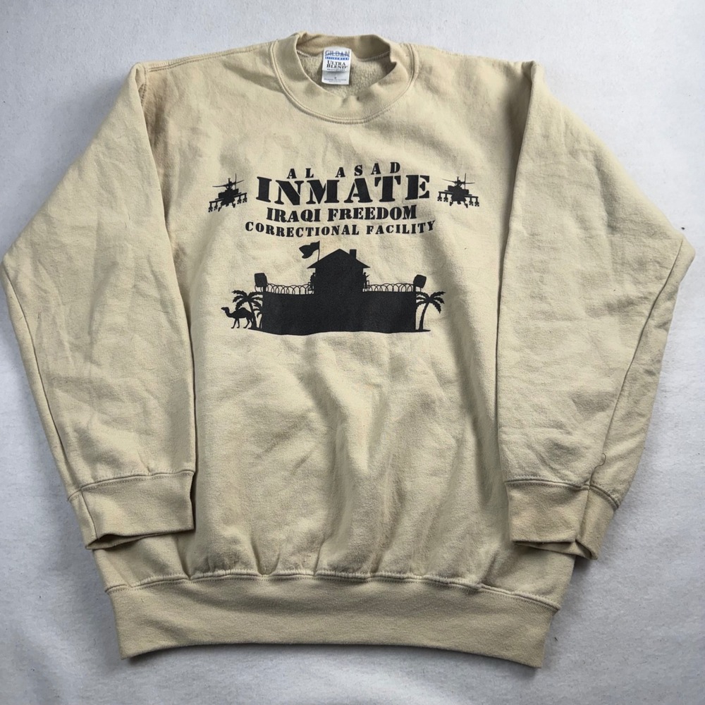 Vintage Al Asad Inmate Iraqi Freedom Sweatshirt Tan Mens Medium Military Graphic